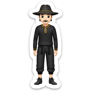 Crea a un hombre con pantalón acampanado zapatos negros un suéter como con fleco en los brazos y una clas de sombrero 👒 pero plano alrededor sticker