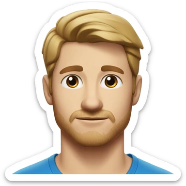 A head and shoulders shot of a 32 year old white man, with short brown hair,   with blue eyes wearing a t-shirt. sticker