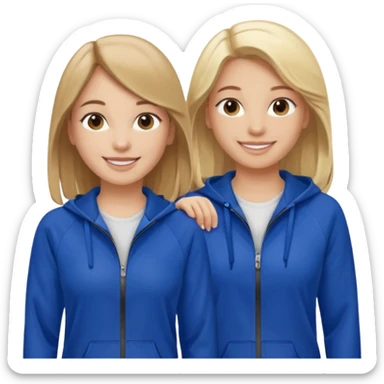 two girls smiling one has blond hair and one is has brown hair they are wearing royal blue track suits sticker