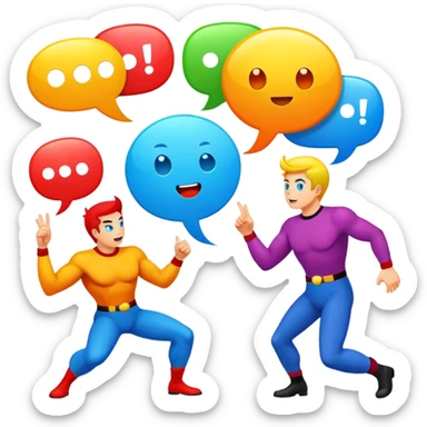 Comic drawing, bold lines, colorful speech bubbles, vibrant characters, dynamic action, bright colors, traditional comic book style, minimalistic design, on a white background. sticker