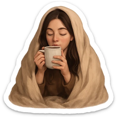brunette girl inside a blanket sipping coffee with eyes closed, cozy and relaxed sticker