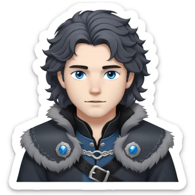 Medieval winter outfit worn by a DnD themed fantasy male character. Heavy charcoal gray wool tunic with black wolf fur lining, embellished with etched silver buttons and a sturdy leather belt with decorative metalwork. Clothes only above the waist, full waist coverage. The character has no arms. Character is white-skinned with jet black hair, steel blue eyes, and shoulder-length wavy hair with snow-kissed strands. sticker