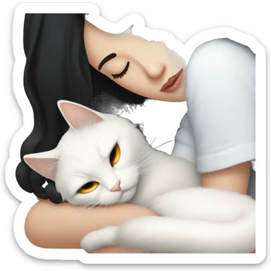 A pretty white girl with very long black hair and sleeping curled up to a white cat  sticker