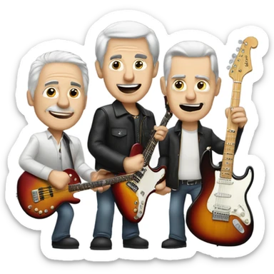 Three older white musicians jamming. one on a Gibson guitar, one on a Fender bass and one on a drum sticker