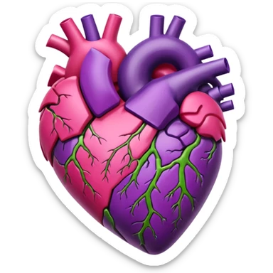 Pulsating heart with purple, hot pink, amber, light green, and dark purple sticker