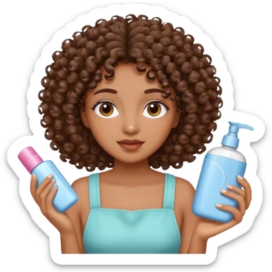 Menina na cor parda, com os cabelos bem cacheados e fazendo o movimento col produtos na mão limpando e cuidando do rosto sticker