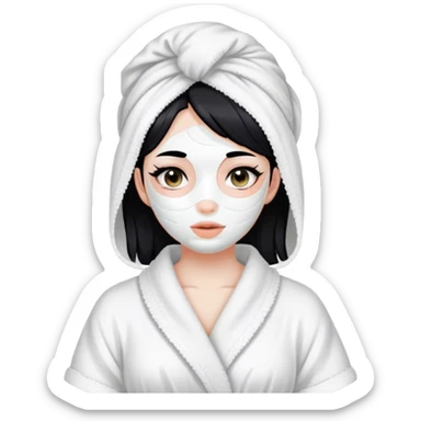 Girl white black hair and a bath gown with a clay mask , aesthetic , white sticker
