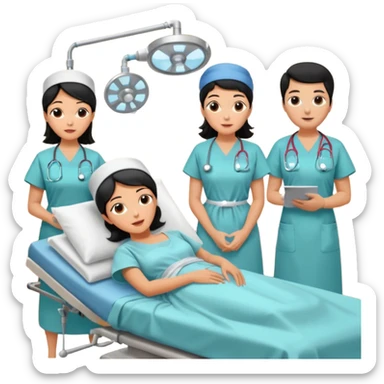 A colonoscopy procedure in progress in a clean operating room, featuring a black-haired woman in her 50s lying on an examination bed, with three doctors wearing surgical caps, masks, and gowns performing the procedure. sticker