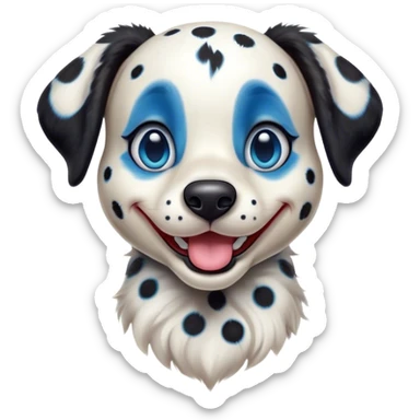 Cinematic Comical Harlequin Dalmatian Portrait Emoji, Head tilted dramatically with an exaggeratedly shocked or amused expression, featuring a striking Fur of predominantly white with vivid black patches, wide, expressive blue eyes filled with playful disbelief, Simplified yet hilariously expressive features, highly detailed, glowing with a slightly sassy glow, high shine, dramatic yet playful, stylized with an air of cheeky charm, bright and endearing, soft glowing outline, capturing the essence of a spirited and over-the-top guardian, so meme-worthy it feels like it could side-eye its way into internet fame instantly! sticker