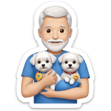 handsome gentleman, 60 years old, crew cut silver hair, full beard, wearing a blue t-shirt, smiling and holding a maltese dog sticker