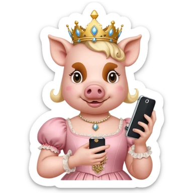 Pig princess in rococo finery holding a cell phone sticker