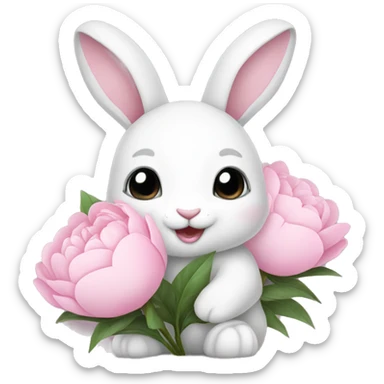 cute white bunny holding light pink peonies sticker