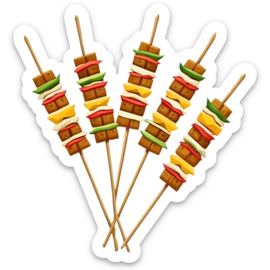 Sichuan Skewers Chuan Chuan Xiang with various foods on bamboo sticks, simplified emoji style with bold outlines and bright colors, cartoon style spicy street food sticker