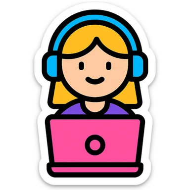a girl with a pink laptop with headphones, color outline icon style sticker