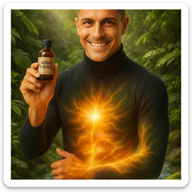 Create a vertical 9:16 wellness semi-realistic style image of a man with the face from the reference image. He is holding a bottle labeled 'acido fulvico'. Show luminous energy on the abdomen and skin. The environment is natural with wellness elements like plants and water. Include Italian text. sticker