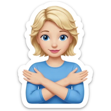 Girl Blonde short wavy hair,  blue eyes, cute blue top, long lashes, pink lips, smiling, making cross arms with arms  sticker