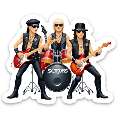 Icon for Rock Music: Scorpions live concert on stage with electric guitars, drums, and a powerful spotlight. Klaus Meine at the microphone, Rudolf Schenker and Matthias Jabs playing guitars, dynamic stage presence, and electric energy. Transparent background. sticker