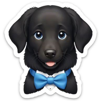 Black, flat-coated retriever, smooth fur with subtly fluffy ears, smiling face, small bit of white in her chest, blue bow tie  sticker