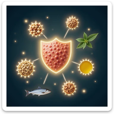 realistic image of stylized cells with glowing membranes and sources of healthy fats (nuts, oil, fish) surrounding cells like a shield, Italian caption 'Grassi salutari: protezione per le membrane cellulari', light and attractive background sticker