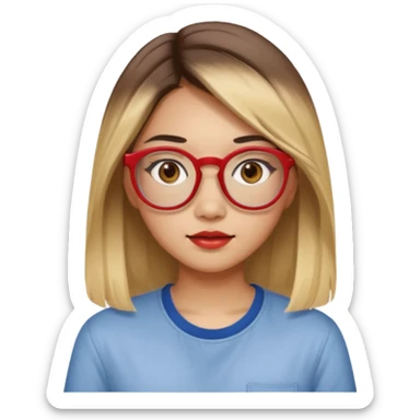 20 yr old asian woman, straight thick long brown hair, blond at ends of hair, center part to hair, big red glasses, brown eyes, casual shirt sticker