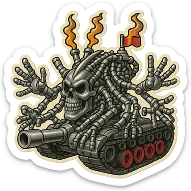 Edit the skull robot tank to have 4 distinct arms. All metal parts should be pure greyscale with no blue or purple tints. Non-metal elements can have color accents. Maintain the retro stickers style with a clean outline and transparent background. sticker