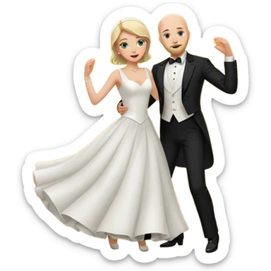 blonde haired green eyed bride and bald headed groom with dark beard dancing sticker