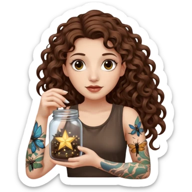woman with long curly brown hair, brown eyes, white skin, tattoos, holding a jar of captured starlight insects sticker