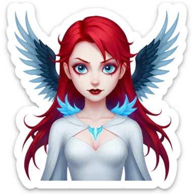 extremely diabolical girl with giant towering wings, blood red hair, glowing blue eyes, black hellfire aura, no horns, evil grin sticker