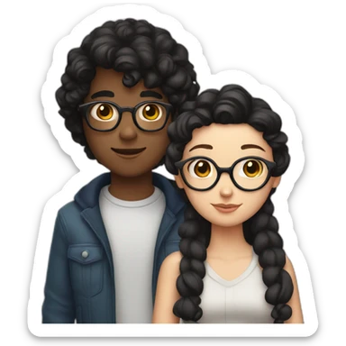 a white Boy with black hair and curler and with glasses on. and a white girl with long brown hair without glasses, hugging each other sticker