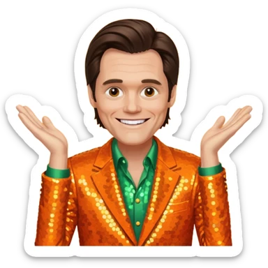 Jim Carrey with dark brown hair, orange sequin suit sticker