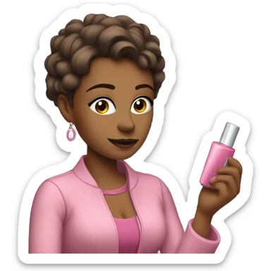 Glind wearing a pink dress and jacket and a car putting on makeup  sticker