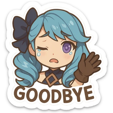 chibi style head of Gwen from League of Legends, right eye purple, one hand waving with glove, expressing a goodbye emote, bittersweet expression, no letters sticker
