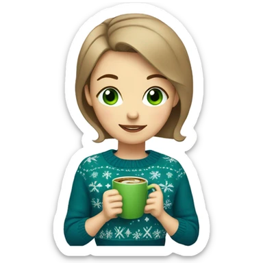 Light brown short haired girl with green eyes drinking coffee wearing blue Christmas sweater sticker