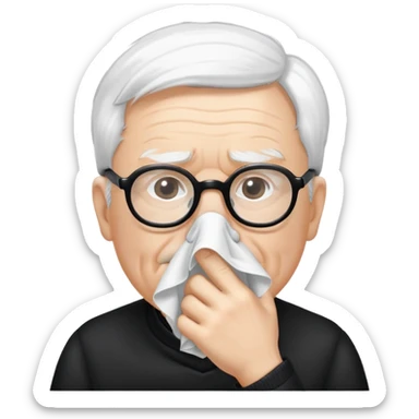 Create me an image of an  old man with white skin and white hair with black framed glasses Blowing his nose on a handkerchief  sticker