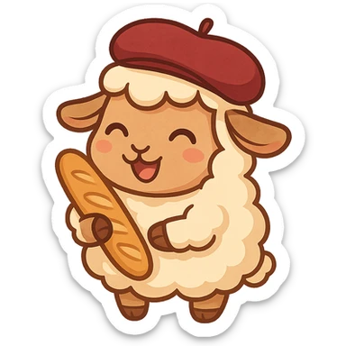 cute and expressive sheep from France wearing a beret and holding a baguette, chibi stickers style, cheerful and charming sticker