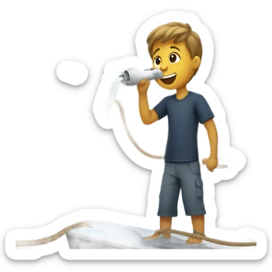 boy pouring water from a hose onto a sailboat  sticker