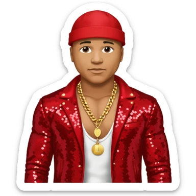 LL Cool J with red sequin jacket, shirtless with necklace sticker