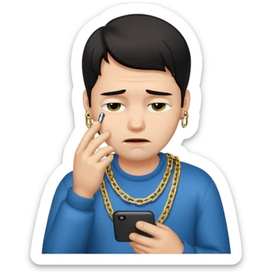 Dark haired man wearing chain texting while crying  sticker