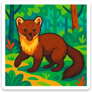 a pine marten with realistic fur in a lively pose in a forest background, vibrant toon style sticker