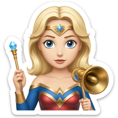 Blonde blue eyed Wonder Woman holding white orchestra conductor’s baton and bell sticker