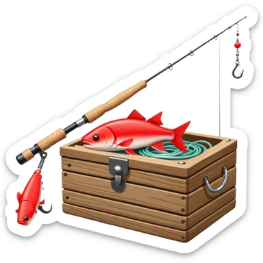 A fishing rod with reel and line neatly coiled beside a bait box.

 sticker