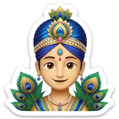 Create a cute and divine emoji of Khatu Shyam Ji with a charming smile, glowing aura around the head, traditional Rajasthani attire, peacock feather on the crown, tilak on the forehead, holding a lotus flower, with a soft golden background and spiritual energy radiating from the emoji face." sticker