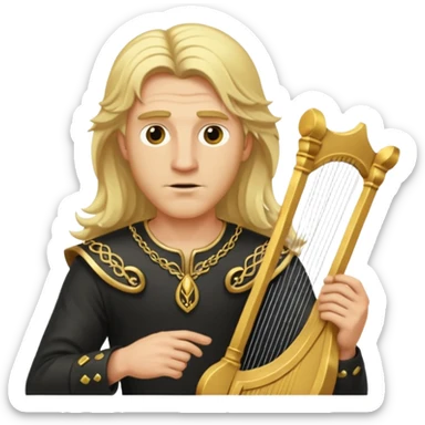 Man with long blonde hair looking arrogant holding a lyre sticker