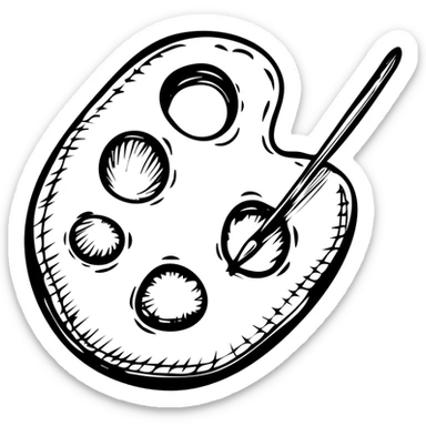 Detailed artist's palette with paint blobs and palette holes. Hand-drawn icon style with transparent background. sticker