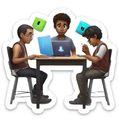 vin doing math, elliot on his computer, and matt using a rubicks cube intensely sticker