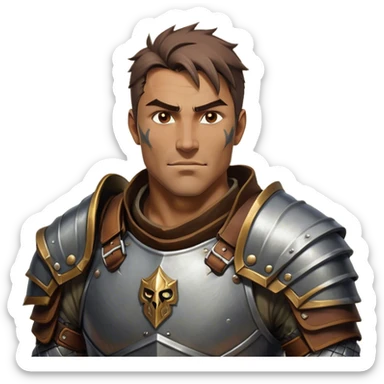 Cinematic Realistic WoW Human Warrior Portrait, head tilted dramatically with an exaggeratedly amused expression, blending rugged heroism with a hint of lighthearted charm. His chiseled face, framed by meticulously rendered steel armor and leather accents in consistent greys and bronzes, is brought to life with dynamic lighting and high shine, dramatic yet whimsical, capturing the essence of a warrior whose epic might is coupled with an approachable, playful demeanor. sticker