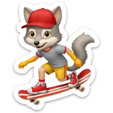 A gray wolf with large, expressive eyes and a friendly smile. The gray wolf is wearing a bright yellow T-shirt, red shorts, white knee socks, and sneakers. The baseball cap is on backwards. The wolf is preparing to perform a skateboarding trick. sticker