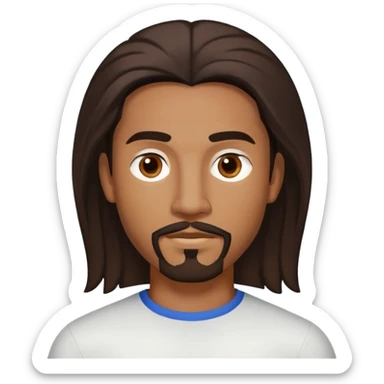 Young man with medium brown skin, mixed-race ethnicity, long dark brown hair with a very defined center part exactly in the middle, goatee, mustache, and medium brown eyes, head only sticker