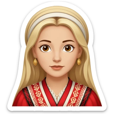 white woman with brown eyes, brunette hair with blonde highlights, wearing traditional Albanian clothes, expressive and friendly sticker