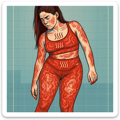 Modern illustrative style of a woman with tilted pelvis and asymmetric posture, widespread inflammation represented by red textures and heat symbols, clinical atmosphere, highlighted details. sticker